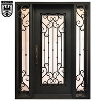 Puerta de Entrada de Hierro Forjado Estadounidense de Arco Superior con Ventanas Laterales Dobles y Panel Inferior, Diseño de Puerta de Hierro Forjado para el Hogar