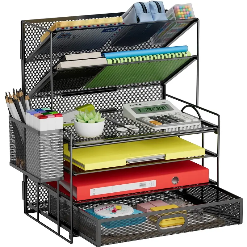 Desk Organizer 4-Tier File Organizer Paper Tray with 2 Pockets File Holder and Pen Holder Multifunction Mesh Desk Organizer