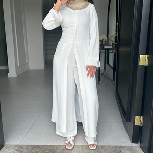 Dubai Turkish Solid Color Buttoned Robe and Pants Women's 2 Piece <b>Set</b> Fashion - Product Image 6