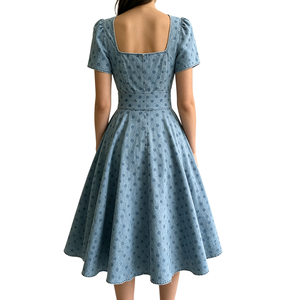 Robe trapèze mi-longue en jean à pois et dentelle, ceinturée, style vintage décontracté, pour femme – Meilleure vente - Product Image 3