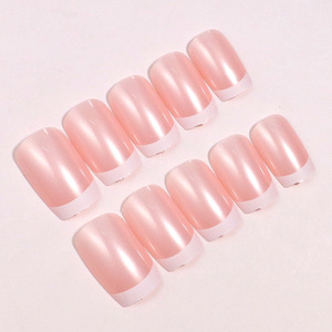 Simplicidad francesa 24 piezas Uñas artificiales naranjas desnudas Cuadrado Blanco Edg Prensa en las uñas Color sólido - Product Image 3