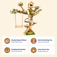 Arbre à chat en bois naturel, tour d'escalade multi-niveaux pour chat, avec porte en forme de chat, poteaux en sisal et balançoire, mobilier d'intérieur pour animaux de compagnie