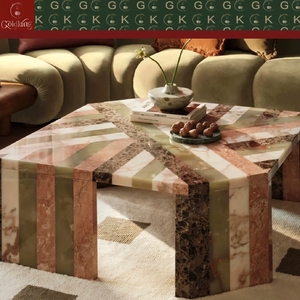 Mesa de Centro de Mármol GOLDKING, Multicolor, con Diseño Geométrico Moderno, para Sala de Estar, Piedra Natural Pulida Personalizada - Product Image 2