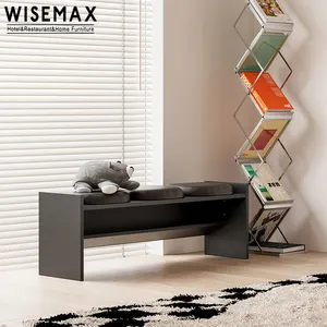 WISEMAX FURNITURE Modern home furniture black PU leather seat and wooden long bench shoe changing chair with storage shelving