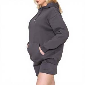 Wholesale Custom Clothing Winter Solid Canvas Cotton Blend <b>Women</b> Hoodie and <b>Shorts</b> Set Latest Design - Product Image 3
