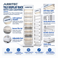 Étagères de présentation de carreaux métalliques inclinées à plusieurs niveaux personnalisées avec éclairage LED, présentoir de carreaux de quartz et de marbre sur pied avec panneau publicitaire supérieur