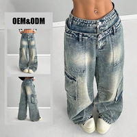 Hangyue Jean Cargo Délavé Style Hip-hop Boyfriend Baggy Taille Haute Double pour Femme, Coupe Décontractée, Vêtement Urbain pour l'Hiver