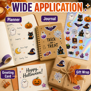 Feuilles d'autocollants holographiques personnalisés pour Halloween, découpés à la forme, imperméables, faciles à décoller, pour albums, journaux, bouteilles d'eau, fêtes - Product Image 5