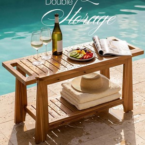 Qingzhi Teak Bathroom Stool Solid Wood Double Layer <b>Storage</b> <b>Shower</b> Bench With Towel <b>Rack</b> Poolside Use - Product Image 1