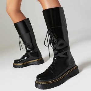 Large Size 48 Women Flat Lace up Knee High <b>Boots</b> Knight Round Toe Long Booties Wide Fit Zipper Patent Shoes - Product Image 2