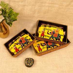 Ensemble de 3 plateaux peints à la main, style Art Déco, motif éléphant, collection Royal Rajasthan, pour mariage et Diwali - Product Image 2