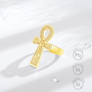 Ultima moda 925 in argento Sterling placcato in oro 18K gioielli religiosi egizi Ankh forma di croce anelli aperti per uomo o donna - Product Image 4