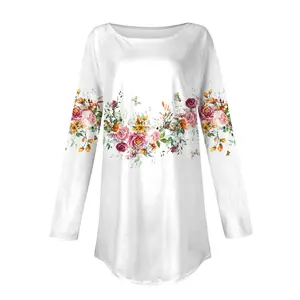 Camiseta feminina plissada com estampa floral digital manga comprida gola redonda tricotada primavera verão casual para mulheres