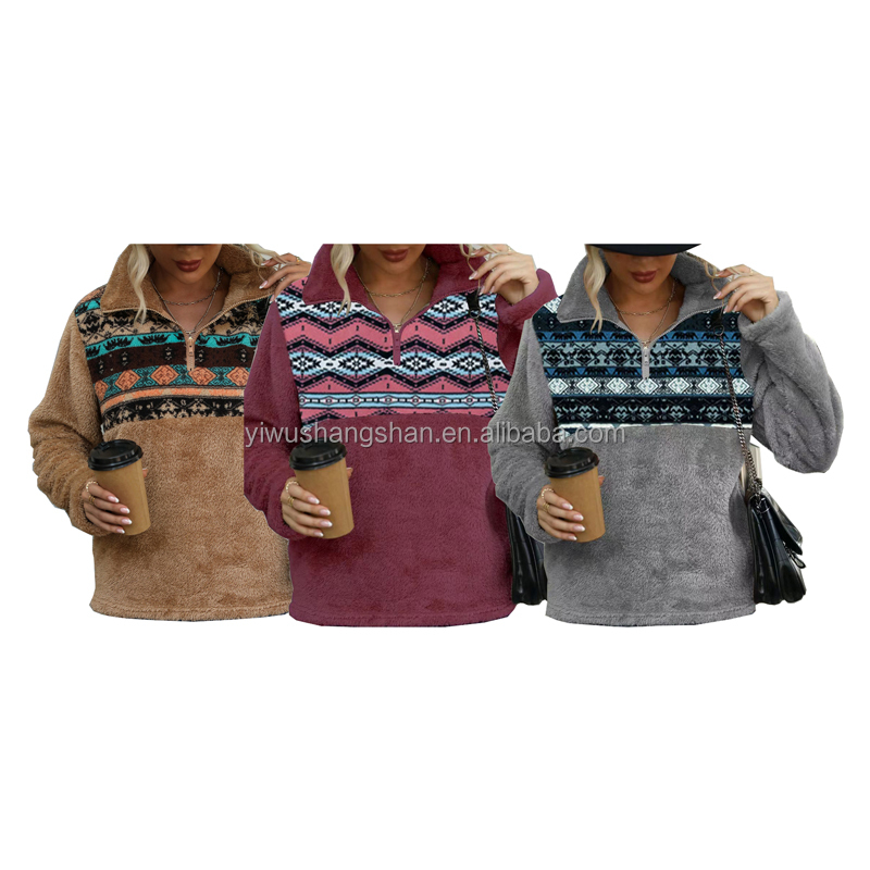 Новое поступление осень и зима Aztec плюшевый пуловер с длинным рукавом с воротником-стойкой и карманом на молнии свитер шерпа для женщин