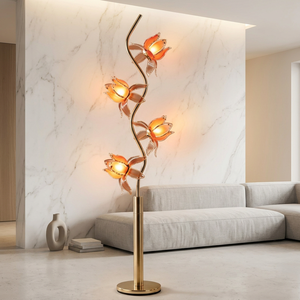 Lámpara de pie floral estética, poste dorado en forma de S, pétalos de loto acrílicos con degradado luminoso, luz LED cálida para una decoración elegante del hogar. - Product Image 1
