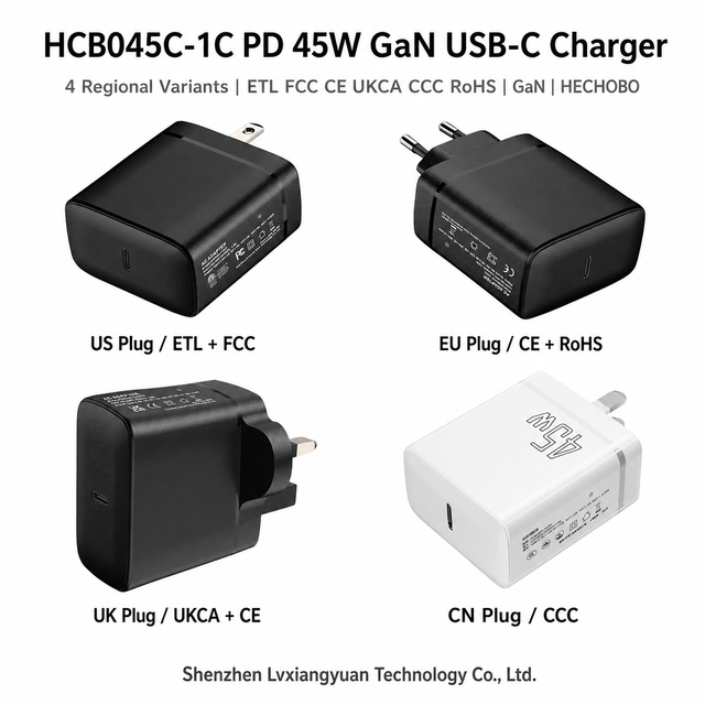 Shenzhen Lvxiangyuan 45W GaN USB-C Fast Charger PD 3.0 US EU UK CN 100-240V OEM ODM Custom Logo Bulk Supply Corporate Gift