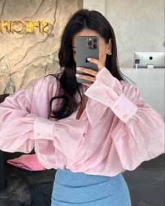 T-shirt Casual da donna con tacco largo a maniche lunghe con risvolto e risvolto da donna - Product Image 4