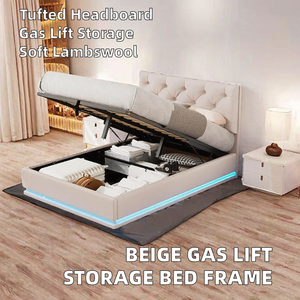 <span class=keywords><strong>Lit</strong></span> plateforme moderne en <span class=keywords><strong>velours</strong></span> <span class=keywords><strong>beige</strong></span> capitonné avec rangement hydraulique et éclairage LED, taille double, pour chambre à coucher - Product Image 2