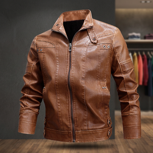 Blouson moto homme en cuir PU marron, coupe ajustée, col montant, fermeture éclair, manches classiques, idéal pour l'automne - Product Image 5