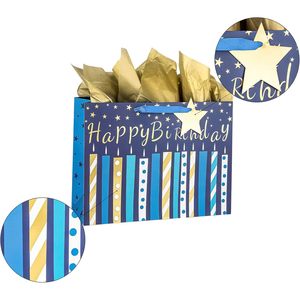 Birthday Gift <b>Bag</b> With Card And Tissue Paper Blue Gold Foil Candle Design 16 Inch Large Size For Birthday Celebration - Product Image 2