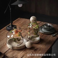 Botol Hidroponik Kaca Tebal Transparan dengan Alas Kayu Besar Gaya Jepang, Baki Kayu untuk Memelihara Ikan Besar, Vas Kaca