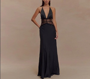 Abito Lungo Estivo <span class=keywords><strong>Elegante</strong></span> in Seta Satinata <span class=keywords><strong>con</strong></span> <span class=keywords><strong>Scollo</strong></span> a V Profondo, Spalle Scoperte e Vita Stretta per un Look Sexy in Stile Europeo e Americano - Product Image 3
