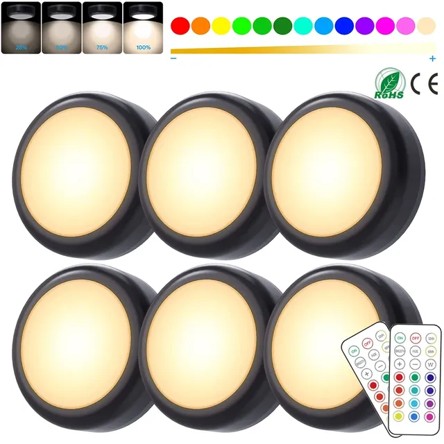 Remote Control Dimmable Under Cabinet Light Battery Operated Wireless Push Lamp Kitchen Closet 1-6Pcs RGBW LED Puck Night Lights