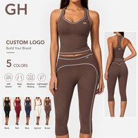 Ensemble de sport pour femme GH avec logo personnalisé, soutien-gorge de sport brossé contrastant à col halter et leggings capri taille haute à effet ventre plat pour fitness et yoga