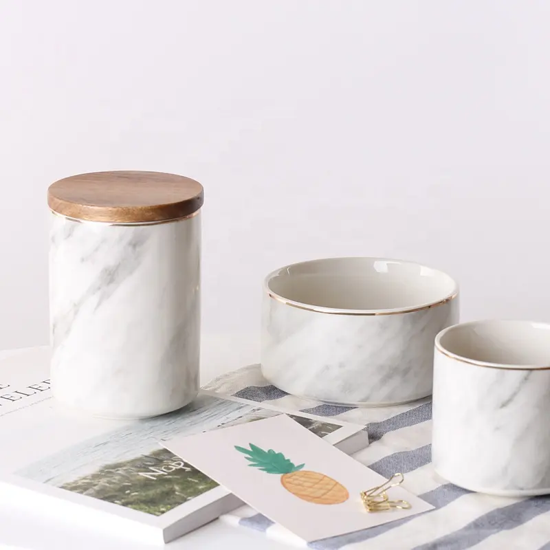 Grosir Set Toples Gula Teh Kopi Porselen Dalam Jumlah Besar Kaleng Keramik Marmer dengan Tutup Bambu