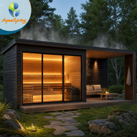Sauna extérieur de luxe sur mesure en cèdre rouge avec espace lounge et chauffage Harvia pour projets de centres de bien-être professionnels