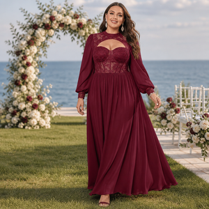 <span class=keywords><strong>Abito</strong></span> da sera formale taglie forti per invitata <span class=keywords><strong>a</strong></span> matrimonio, <span class=keywords><strong>con</strong></span> scollo alto, cut-out, corpetto in pizzo <span class=keywords><strong>a</strong></span> corsetto <span class=keywords><strong>con</strong></span> scollo <span class=keywords><strong>a</strong></span> cuore, <span class=keywords><strong>maniche</strong></span> lunghe <span class=keywords><strong>a</strong></span> <span class=keywords><strong>palloncino</strong></span> in chiffon - Product Image 1