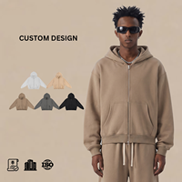 Vente en gros : Sweat à capuche zippé pour homme, personnalisable avec logo, doublure polaire 350G, coupe courte et ample, avec poche plaquée, en mélange de coton