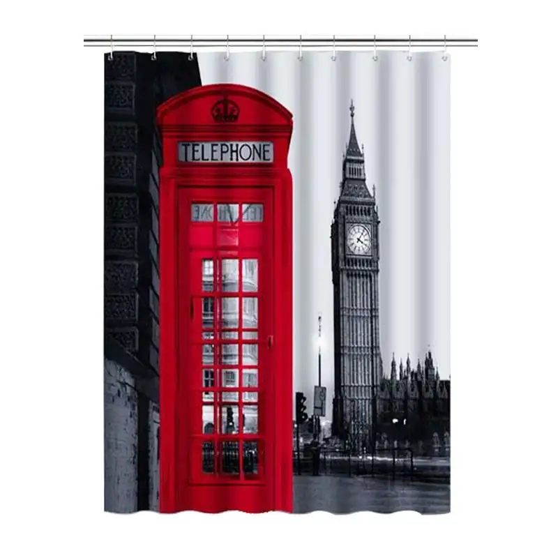 Shower curtain London Big Ben Telephone box White lace waterproof and mildew resistant polyester shower Bathroom