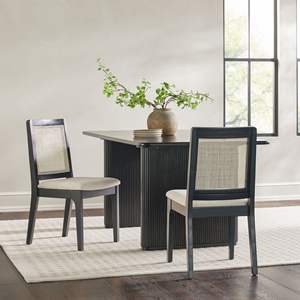 DB Modern Solid <b>Wood</b> <b>Dining</b> <b>Chair</b> Set 2 Black Rattan Inset Back for Home Office Living <b>Room</b> Restaurant Minimalist Leather Design - Product Image 3