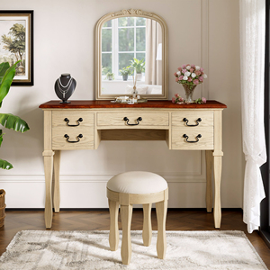 <span class=keywords><strong>Coiffeuse</strong></span> <span class=keywords><strong>vintage</strong></span> 46 pouces avec miroir à cadre floral incurvé, table de maquillage élégante avec 5 tiroirs et tabouret en cuir - Product Image 2