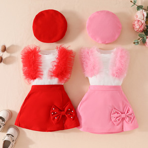 Produttore di abbigliamento estivo nuova ragazza senza maniche maglia Pit Strip Top + gonna a fiocco Set tre pezzi - Product Image 1