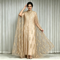 Robe de soirée pour femme, style robe de bal, avec col mandarin, strass, satin, modeste, musulmane