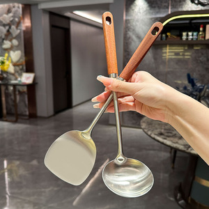 Juego de espátulas de acero inoxidable 304 con mango de ébano, utensilio de cocina resistente al calor para freír, cucharón para sopa y colador - Product Image 4