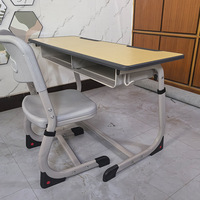 Set Meja dan Kursi Sekolah Ganda untuk Siswa, Tinggi Dapat Disesuaikan, 2 Tempat Duduk, Meja Kelas, Perabot Sekolah dengan Keranjang Penyimpanan Kawat