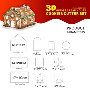 3D Stainless Steel Christmas Gingerbread House Cookie Cutter Set