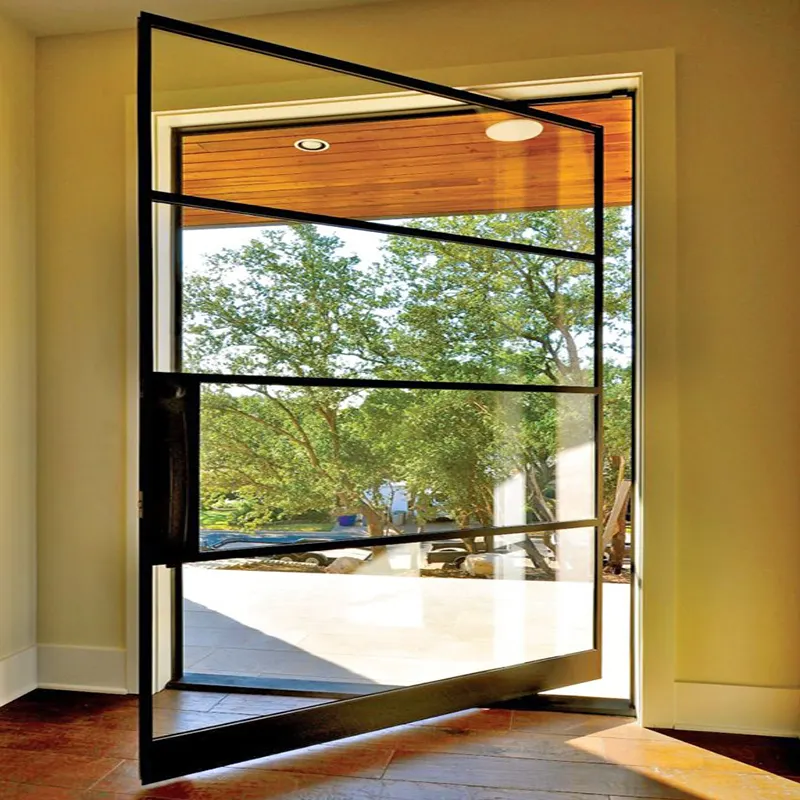 Puerta pivotante de vidrio de rejilla de marco de acero extremadamente estrecho, puerta de vidrio de Casa de perfil de acero estrecho, diseño de puerta pivotante de entrada de Villa