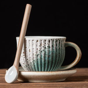 Ensemble tasse à café et <span class=keywords><strong>soucoupe</strong></span> en céramique vintage simple avec cuillère, mug rayé créatif pour latte, expresso et thé de l'après-midi - Product Image 5
