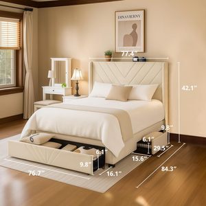 Dark Grey King Bed Frame <strong>USB</strong> Type-C Charging <strong>Ports</strong> Modern Style Metal <strong>Upholstered</strong> Platform Padded <strong>Headboard</strong> Storage Drawers - Product Image 3
