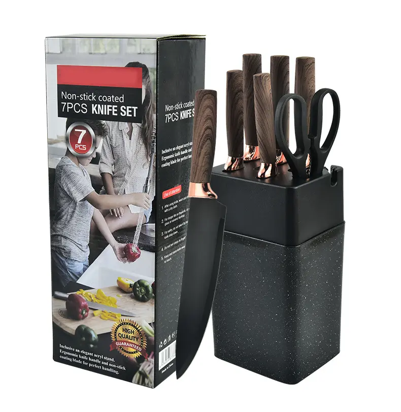 Meilleures ventes MANJIA Lot de 7 ciseaux de cuisine en acier inoxydable Couteaux de chef Couperet Ensemble de couteaux noirs avec support