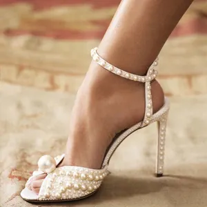 Sandalias sexis de tacón alto con perlas hechas a mano para mujer, elegantes zapatos de novia de boda de talla grande para mujer