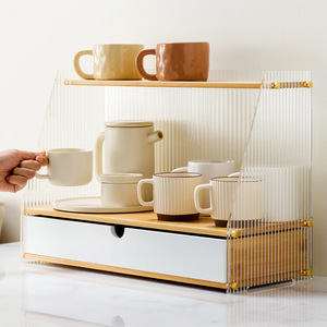 Estante acrílico para portavasos con cajón, vitrina de almacenamiento transparente a prueba de polvo para tazas de café y té, organización de escritorio - Product Image 1