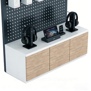 Support d'affichage en métal avec panneaux perforés et tiroirs en bois pour écouteurs et accessoires de téléphone, présentoir de vente au détail suspendu avec crochets - Product Image 5