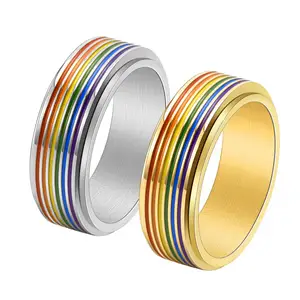 SC Hot Selling Mens Stainless Steel Spinner Rings 8mm Rainbow Pride Rings Personalized Rotatable LGBTQ Lesbian Gay Couple Rings