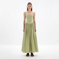 Nouvelle Robe Midi Femme Vert Sauge à Col Carré, Bretelles Larges, Corset Panélisé, Jupe Plissée Coupe Évasée, Vente en Gros Personnalisée