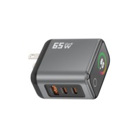 Chargeur mural GaN 65W avec prise US, charge rapide PD, 2 ports Type-C, 1 port USB-A, avec écran numérique intelligent TFT, adaptateur pour téléphone portable, écouteurs